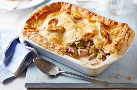 Tender ham plus veg in a creamy herb sauce topped with crispy pastry – this pie will be popular with the whole family. And there’ll be plenty of the ready-cooked meat left to make a quick rice main, a chunky ham sandwich or some nachos for a tasty supper