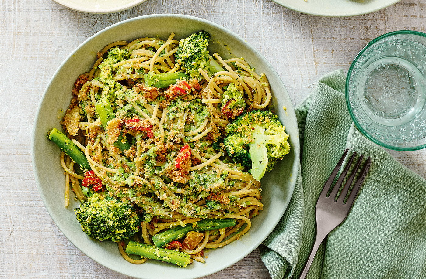 Broccoli pesto pasta with spicy crumbs  recipe