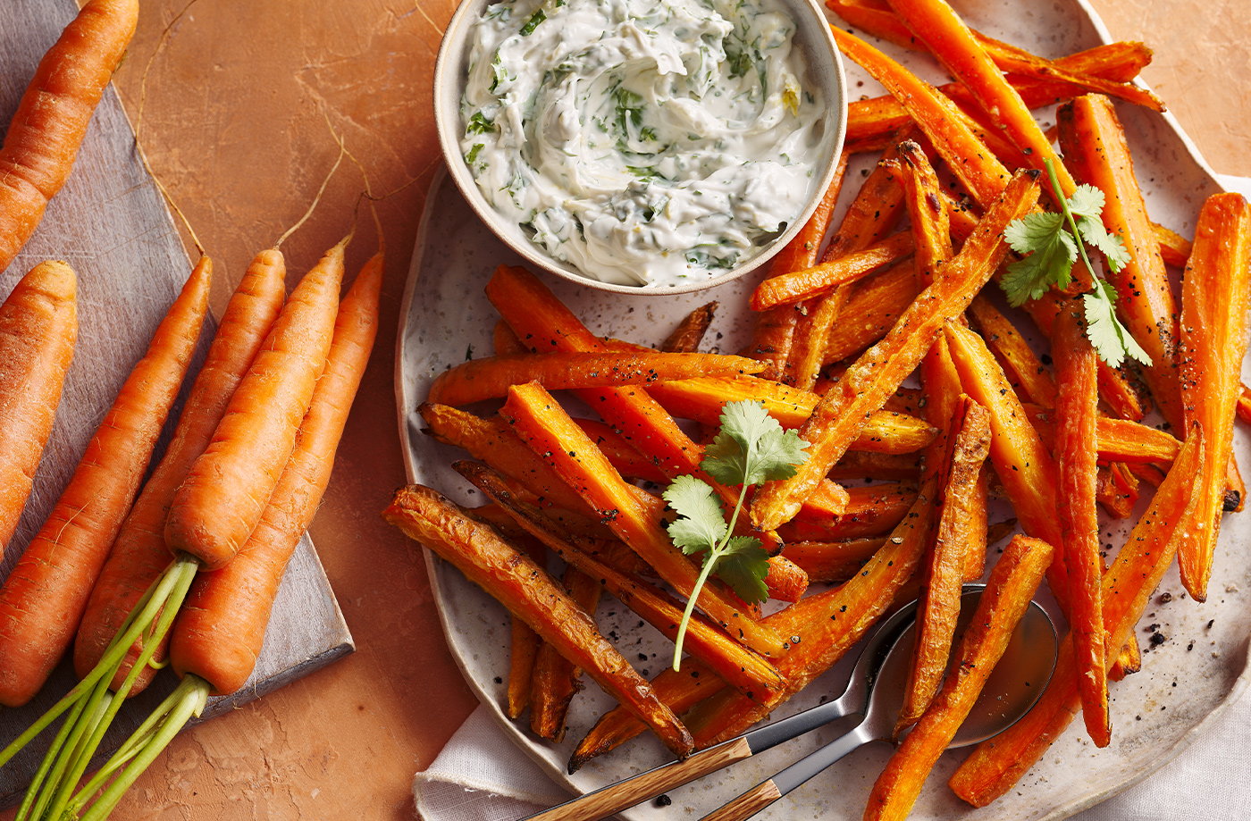 Carrot fries with coriander and coconut yogurt dip recipe