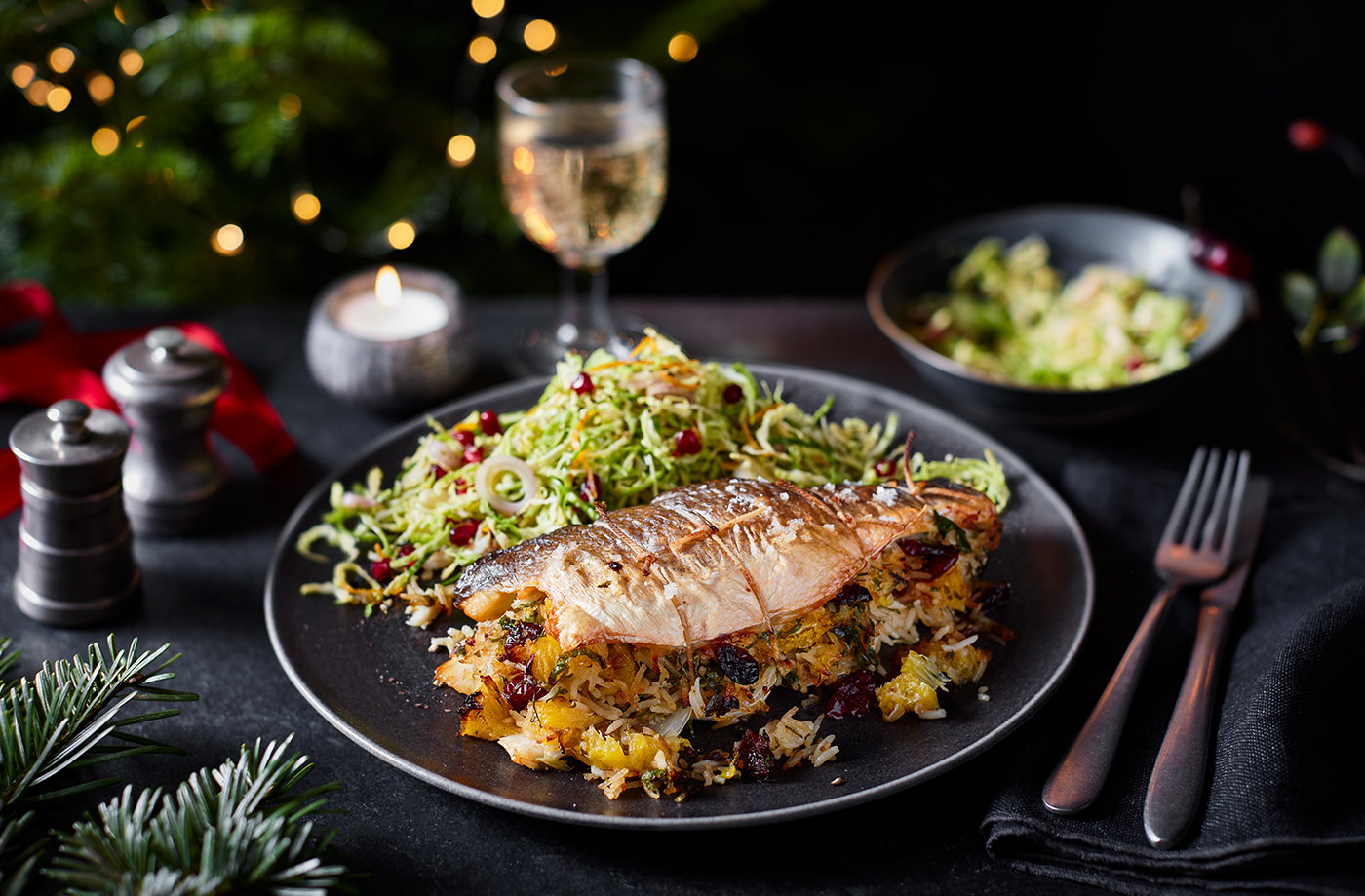 Pilaf-stuffed sea bass with sprout slaw recipe