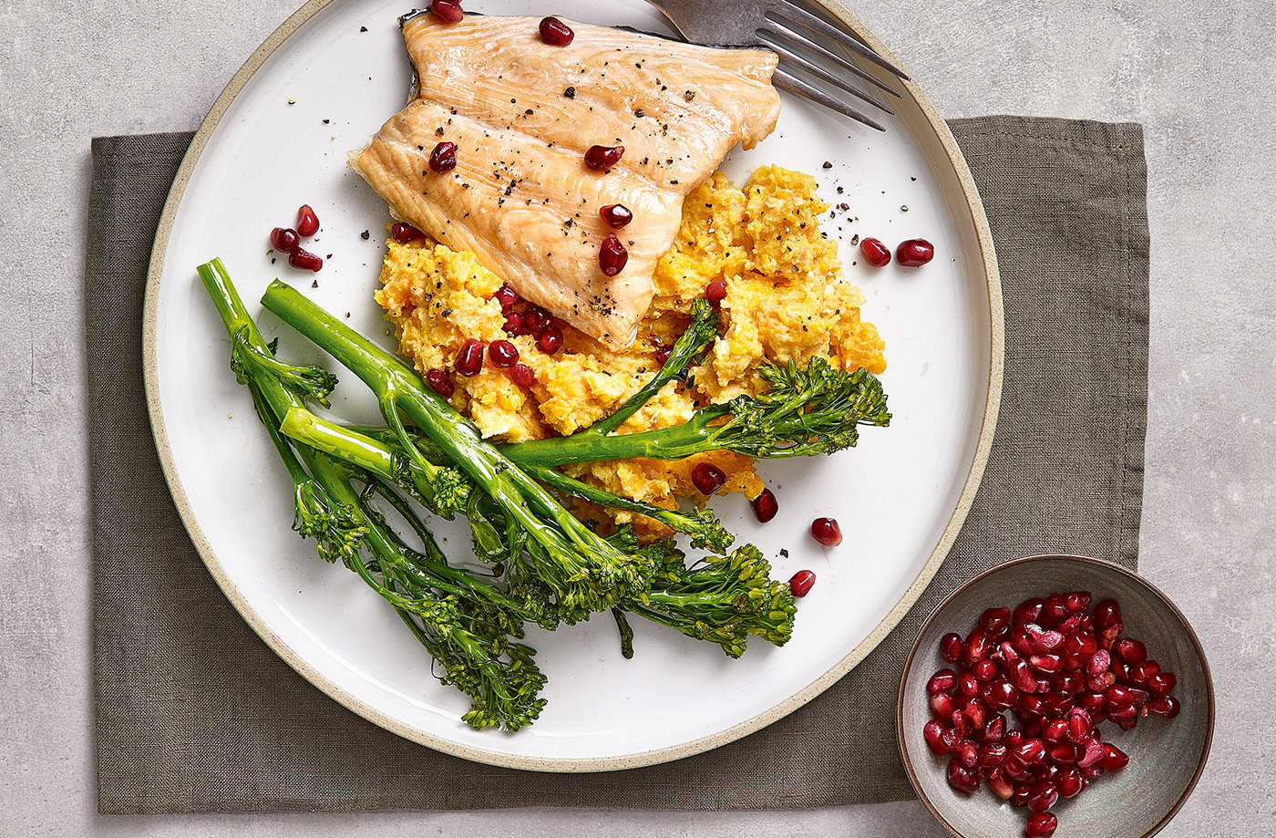 Roast salmon with butternut houmous mash recipe