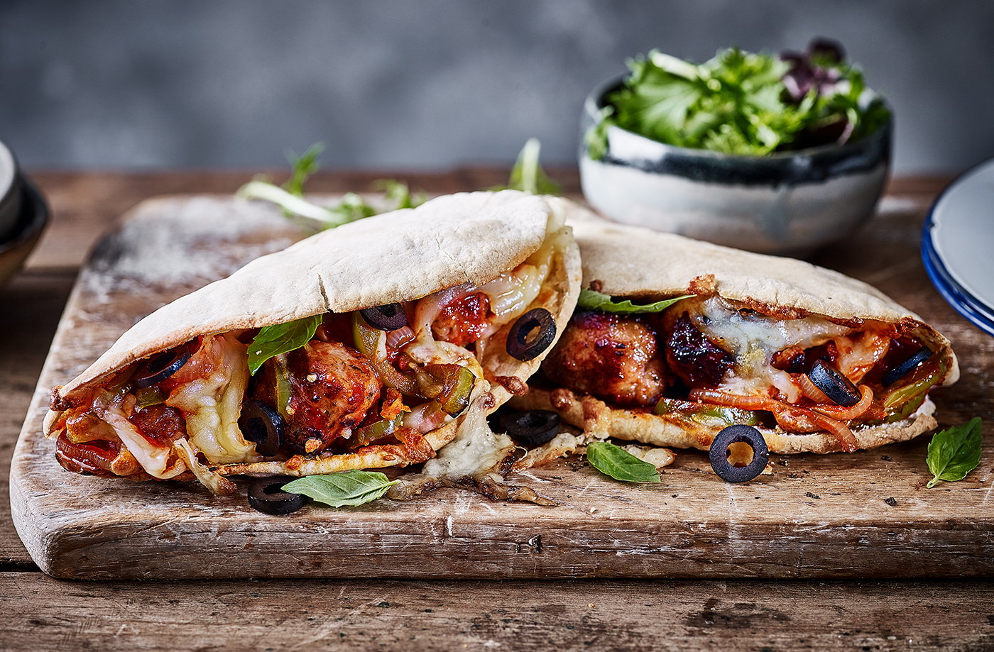 Sausage meatball-melt loaded pittas recipe