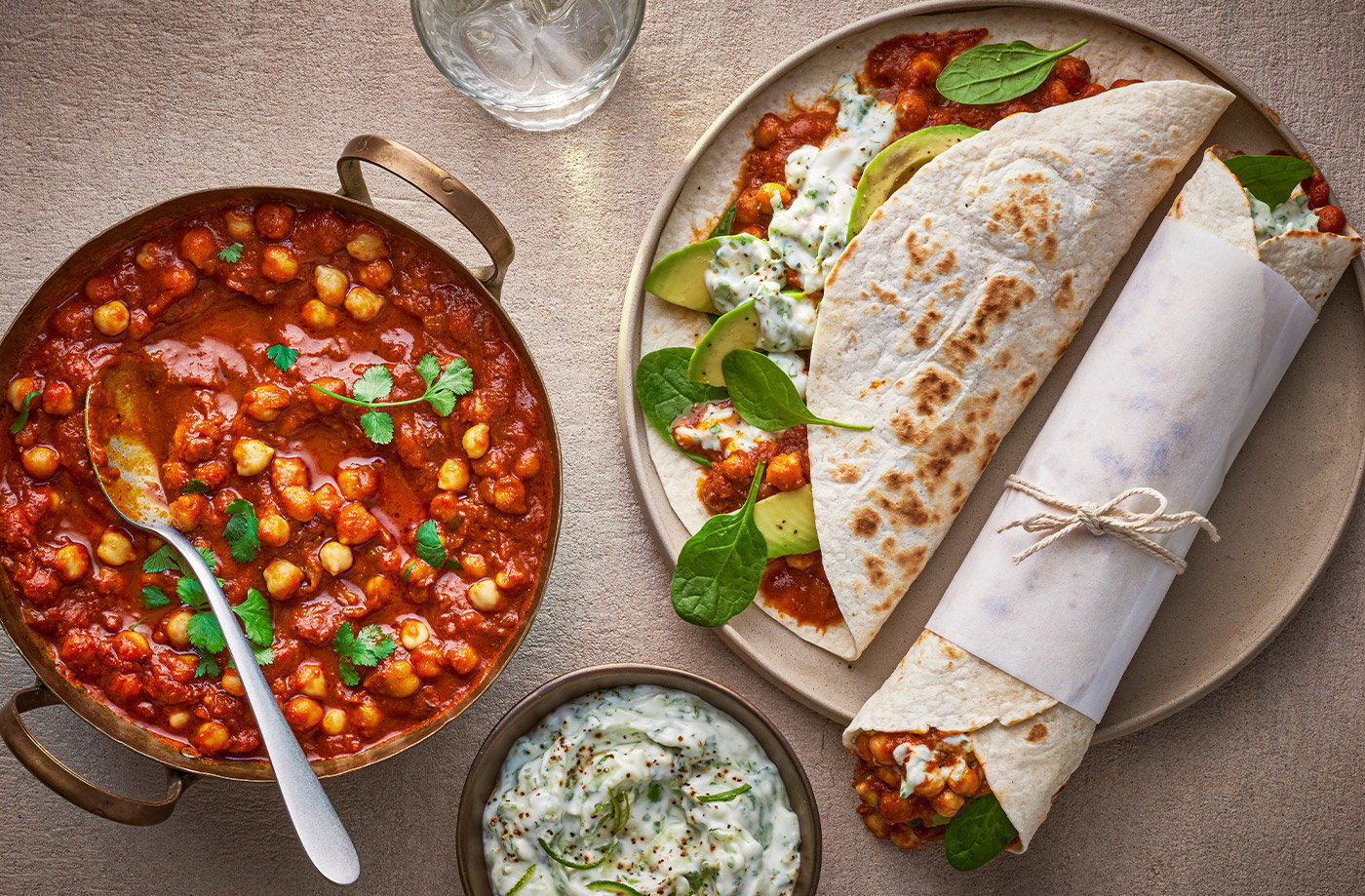 Spiced chickpea wraps with vegan raita recipe