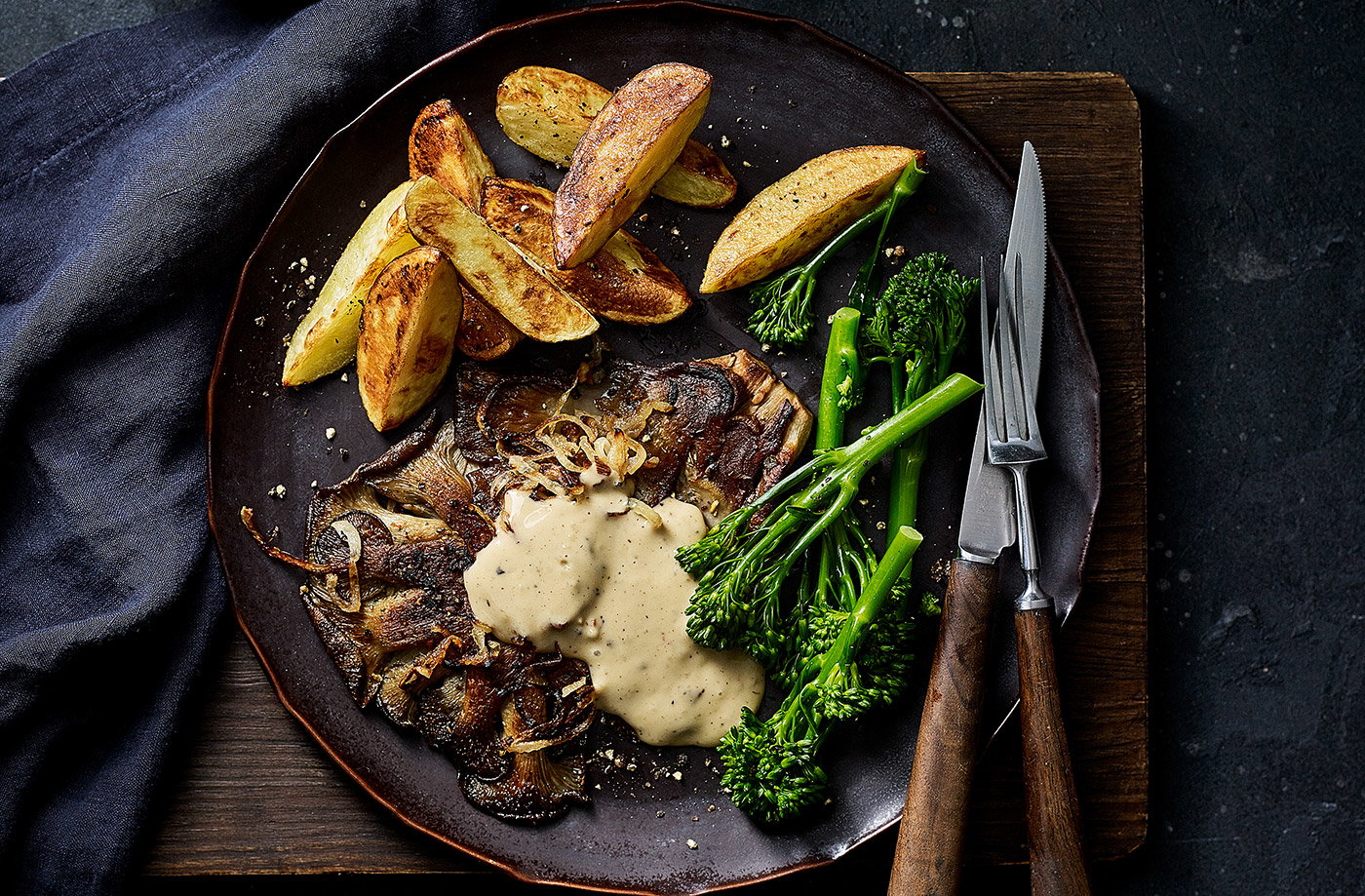 Vegan 'steak' and chips with peppercorn sauce recipe