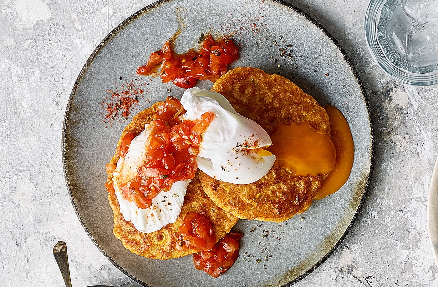 Sweetcorn pancakes with poached eggs and salsa recipe