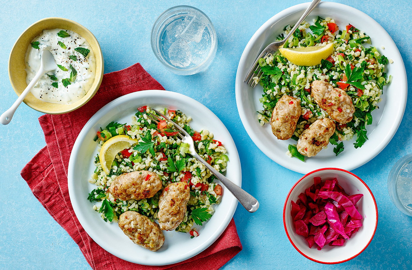 Chicken kofte tabbouleh with minty yoghurt sauce recipe