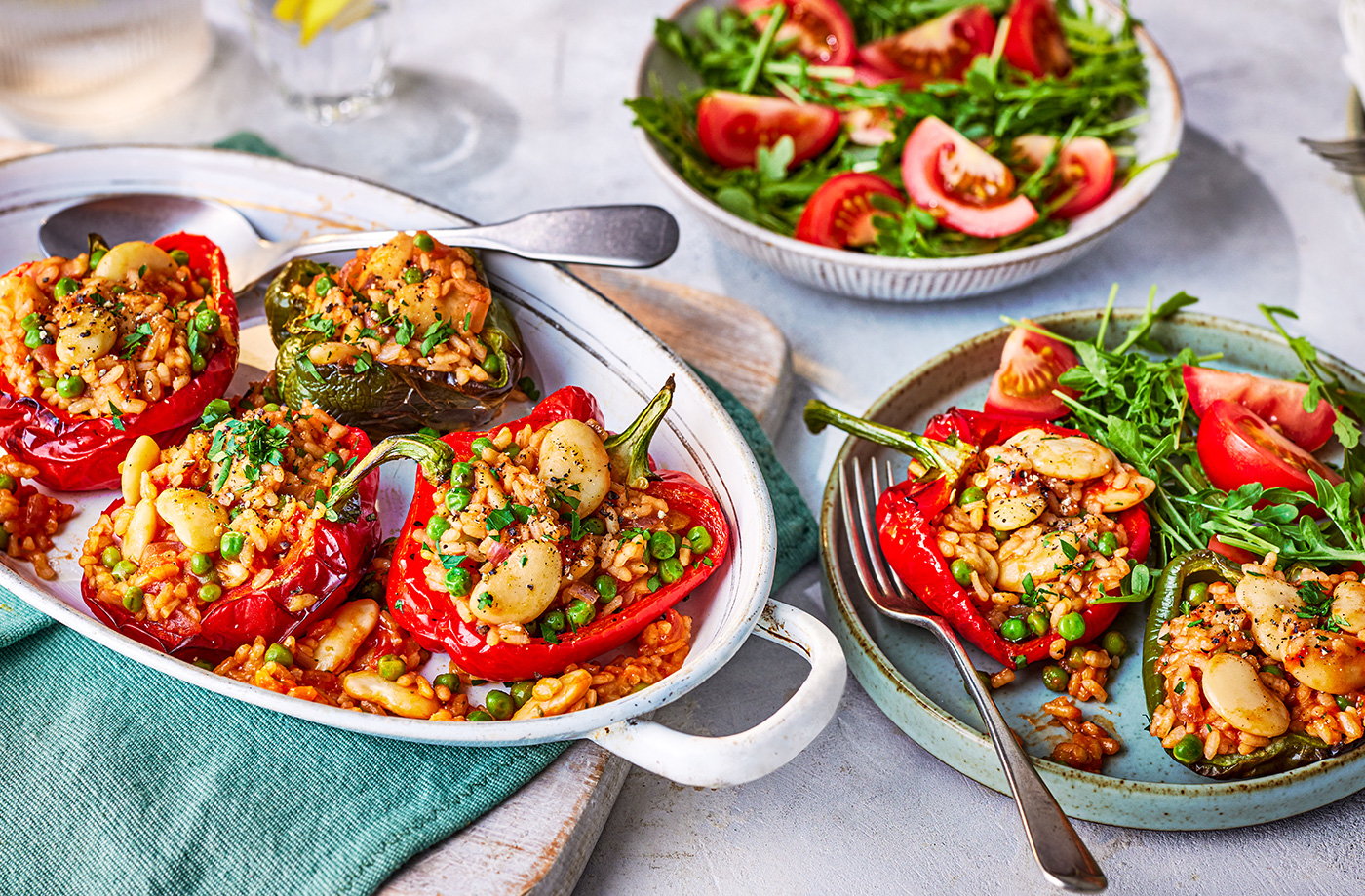 Veggie paella-stuffed peppers recipe