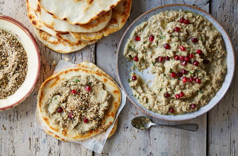 For a relaxed yet undeniably special starter, how about some three-ingredient homemade flatbreads and babaghanoush that everyone can tear into? The aubergines are roasted in the oven before being whipped into a dip and sprinkled with homemade dukka.