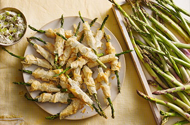 Asparagus 'cigars' with whipped feta dip