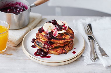 Banana, spelt and blueberry pancakes