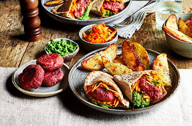 Beetroot falafel pitta with carrot slaw