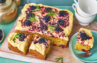 Blackberry and blonde chocolate traybake