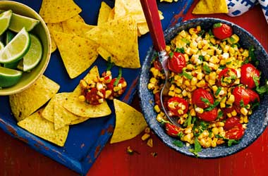 Blackened corn and smoked tomato salsa