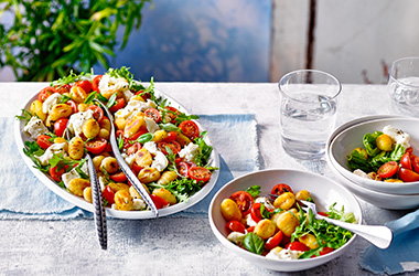 Tomato galette, gnocchi salad, tortilla nachos...