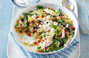 Chicken, feta and pomegranate salad with mint yogurt