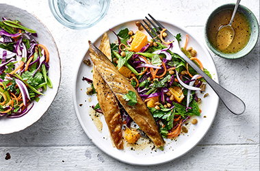 Smoked mackerel with rainbow lentil slaw