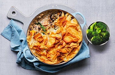 Mushroom, squash and pearl barley pie