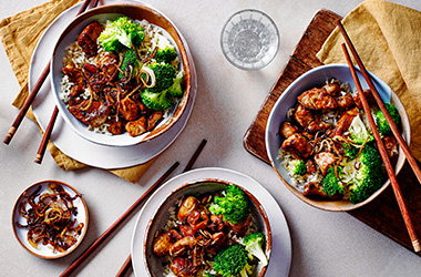 Pork teriyaki, rice and broccoli