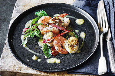 Scallops, prawns and pancetta with beurre blanc