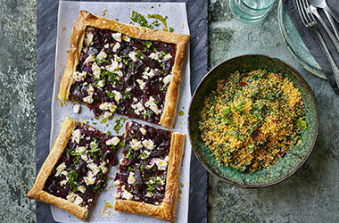 Red onion, beetroot and cheese tart