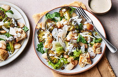 Roasted broccoli Caesar-style salad