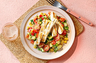 Rainbow veggie couscous salad with grilled chicken