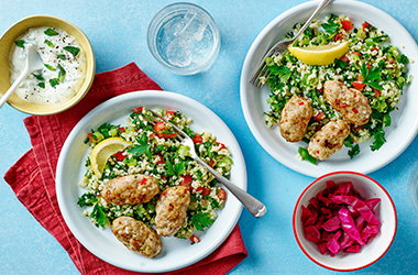 Chicken kofte tabbouleh with minty yoghurt sauce