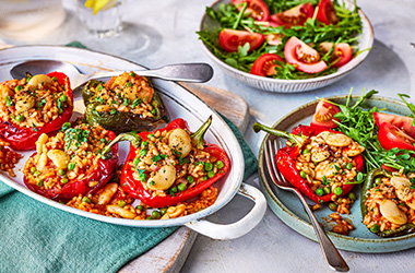 Veggie paella-stuffed peppers