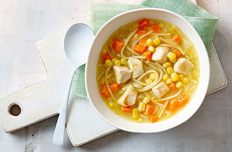 Chicken, sweetcorn and carrot spaghetti soup