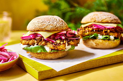 Our epic cauliflower cheeseburger is the ultimate veggie BBQ dish. Load into cheesy buns with garlic mayo and pickled red onions – budget-friendly summer dinners don’t get much better than this.