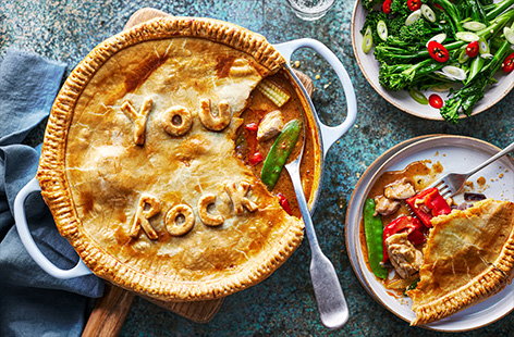 Takes your pies to the next level with this vibrant Thai red curry chicken filling. Add your veggies just before baking for extra crunch. This is gently spiced, so the whole family can enjoy!