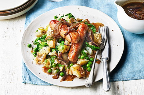 Take the British classic of bangers and mash and give it a fresh twist with Spring veg and baby potatoes