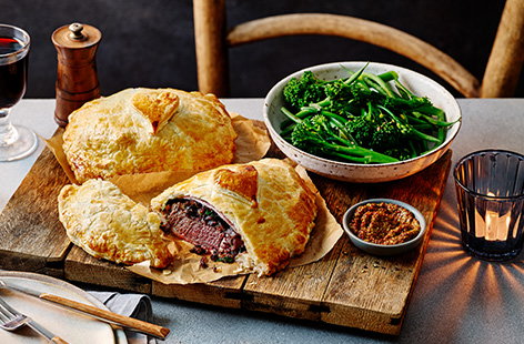 A romantic twist on the classic beef wellington, these pretty heart-adorned parcels serve two; perfect for an impressive Valentine's Day dinner.