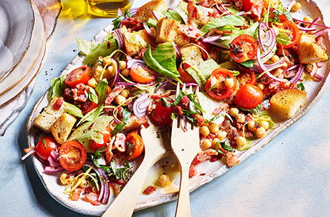 Here's a British twist on the popular rustic Italian salad featuring bacon for a flavour punch. Hearty yet summery, this is a lovely quick dinner for warm evenings.