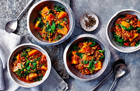 In the mood for a curry but short on time? This butternut squash and spinach curry uses a Balti curry paste as a shortcut for adding flavour. 