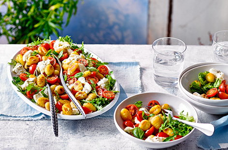 Ready in just 15 minutes, this colourful Caprese gnocchi salad recipe is the perfect summer lunch or quick dinner idea. Frying the gnocchi gives it a crunchy golden crust, perfect with the juicy tomatoes and creamy mozzarella.