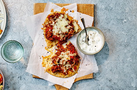 Kids will love these easy-to-assemble pizzas made with shop-bought flatbreads topped with turkey mince cooked with garlic, onions, peppers and tomatoes.