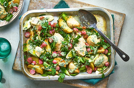 Peppery watercress and radish combine with zesty, lemony chicken for the freshest traybake you could ask for