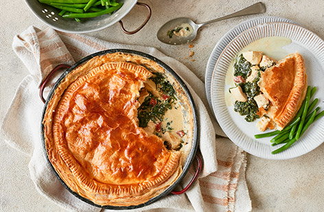 For a comfort food classic, try this chicken, chorizo and spinach pie. Traditional chicken pie is given a boost from spicy chorizo whilst spinach adds an extra helping of veg, all cooked in a rich creamy sauce and topped with buttery puff pastry.