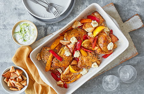 Simple traybakes are an easy way to feed the family midweek - try this chicken, pepper and crispy pitta traybake recipe. Roast chicken thighs with oregano and sweet peppers, then top with creamy crumbled feta and crunchy homemade pitta chips.