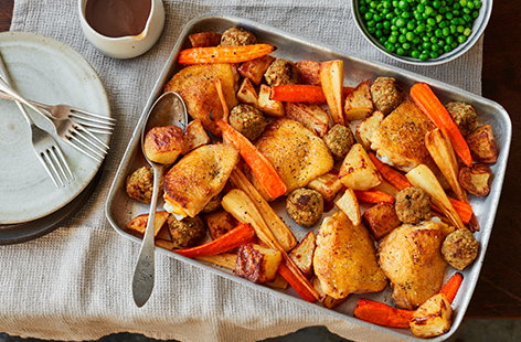 Chicken and stuffing traybake