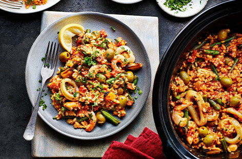 Take a journey to Spain with this chorizo and seafood paella that marries both the land and sea.