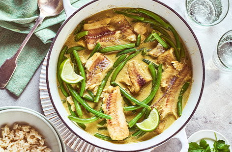 White fish and green beans are cooked in a creamy coconut sauce flavoured with ginger and coriander. This is sure to liven up your midweek dinners.