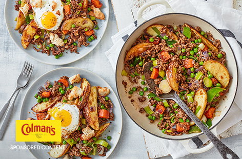 This innovative take on the traditional cottage pie is a nice way to mix things up at the dinner table. Try it out for yourself with crispy roast potato wedges, herby mince and plenty of veg all topped with a fried egg. 