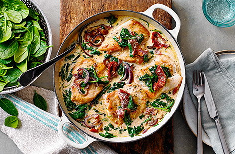 Perfect for a midweek dinner; cook your chicken breasts until tender in a thick, creamy sauce