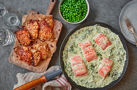 For something a little special for dinner, make this creamy mustard salmon with potato rosti recipe. Cook salmon in a rich cream, mustard and spinach sauce, then serve with crispy potato rostis and peas – perfect for easy entertaining.