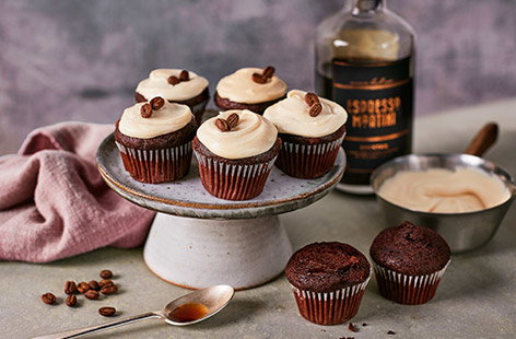 For a last minute Valentine's Day dessert, try these espresso martini cupcakes. Using mini chocolate chip muffins as a handy shortcut, add a drizzle of espresso martini liqueur and top with a swirl of buttercream icing for a sweet treat for two.