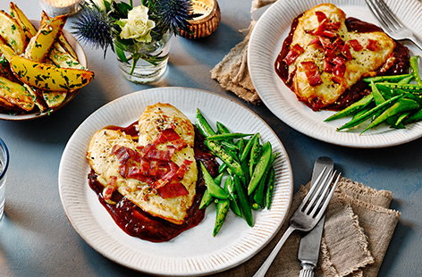 For classic comfort food for two people, whip up this smoky heart-shaped hunter's chicken recipe; perfect for Valentine's Day.