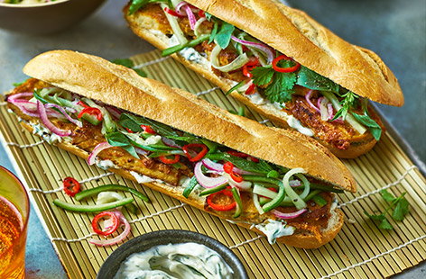 Bangin’ lemongrass, a zingy pickle and a cool Thai
basil aioli make this the freshest-tasting sandwich
for the warmer months