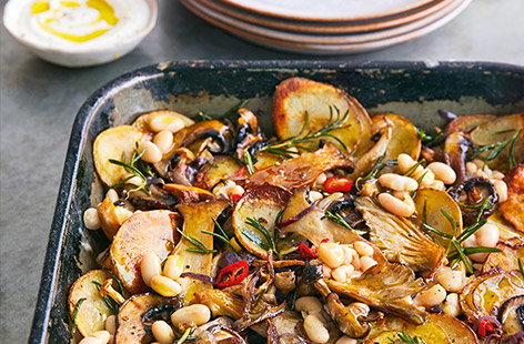 This traybake absolutely ticks the box for easy midweek cooking. Roasting all the ingredients together allows them to mingle as they cook, so you get maximum flavour with very little effort